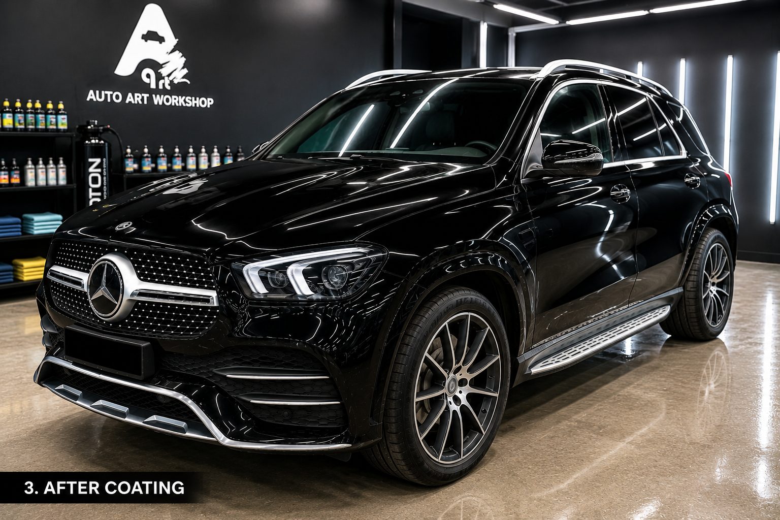 Black Mercedes-Benz GLE with glossy finish after ceramic coating in Nilai