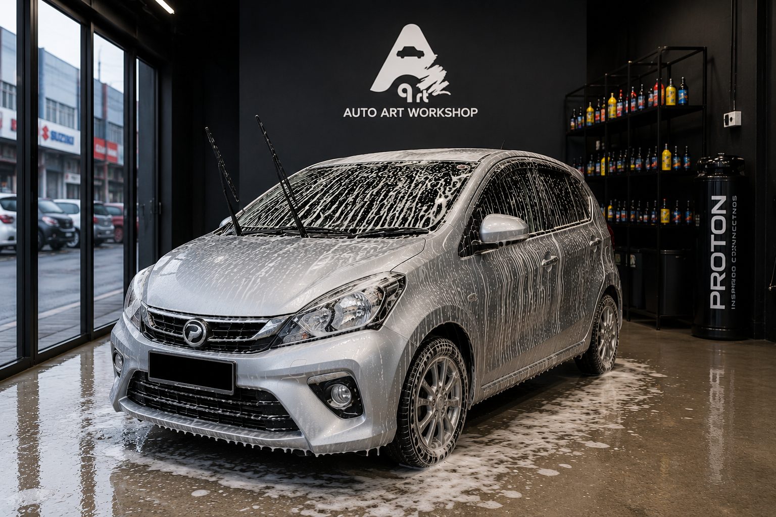 Foam pre-wash on a silver Perodua Myvi at Art Auto Care Nilai