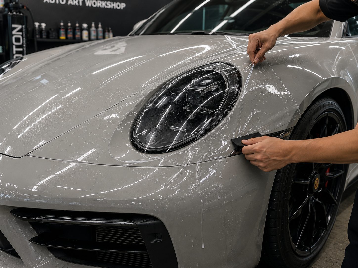 Installer applying paint protection film to a Porsche 911 GTS bonnet in Nilai