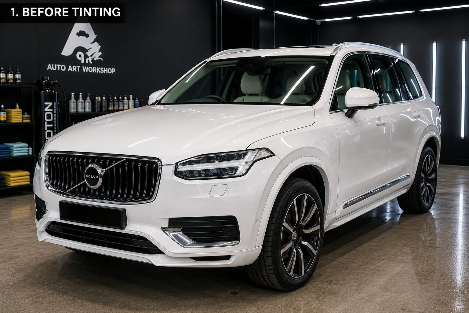 White Volvo XC90 before window tint at Art Auto Care Nilai